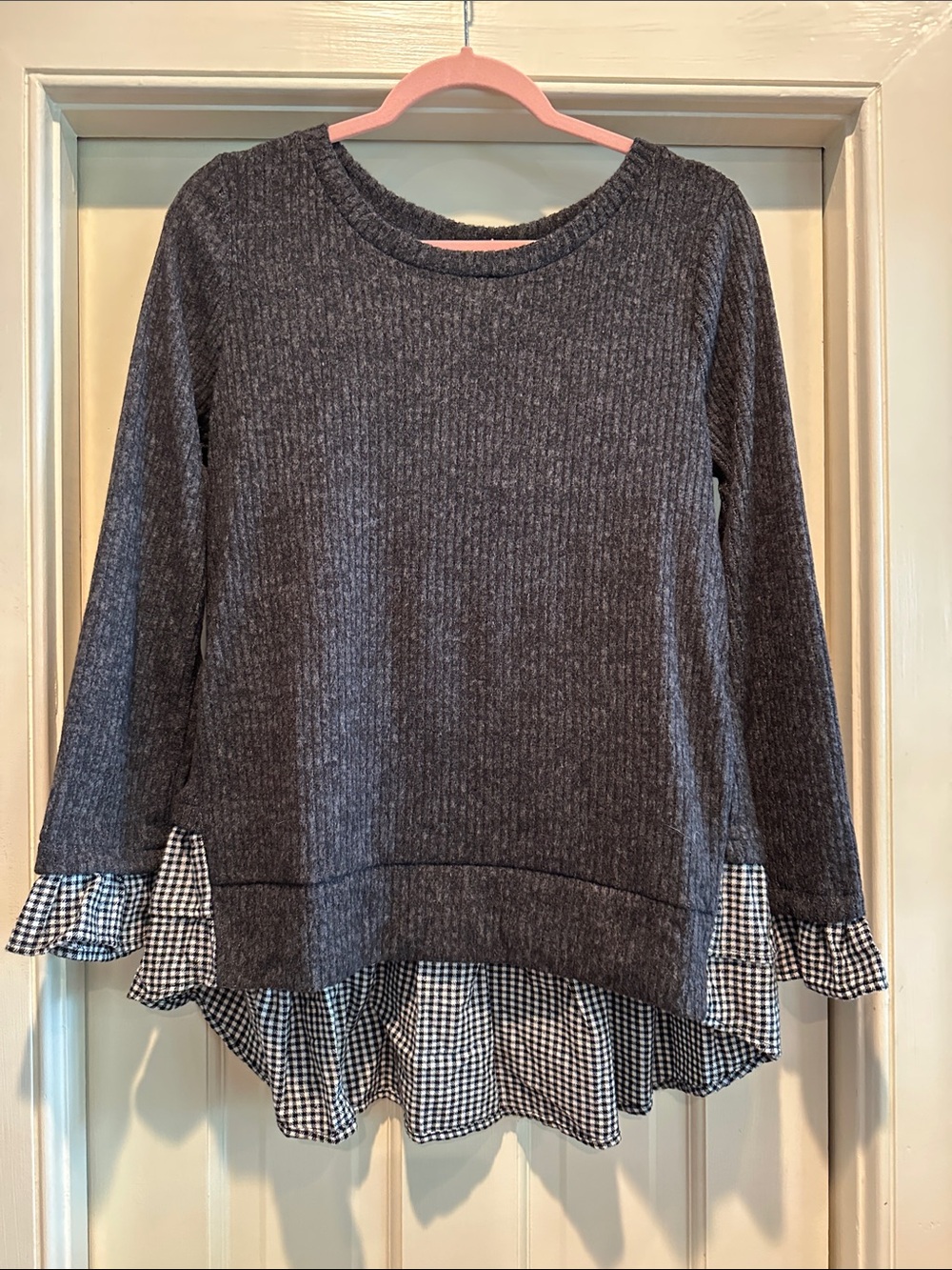 Potter's Pot Charcoal Gray Layered-Look Crewneck Sweater with Gingham Trim